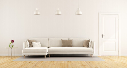 Fototapeta na wymiar Modern white living room with elegant sofa and closed door - 3d rendering