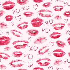 Kisses and hearts romantic print seamless pattern. Modern lips icons. Realistic lipstick print isolated on background. Trendy vector design for Valentines Day or wedding.
