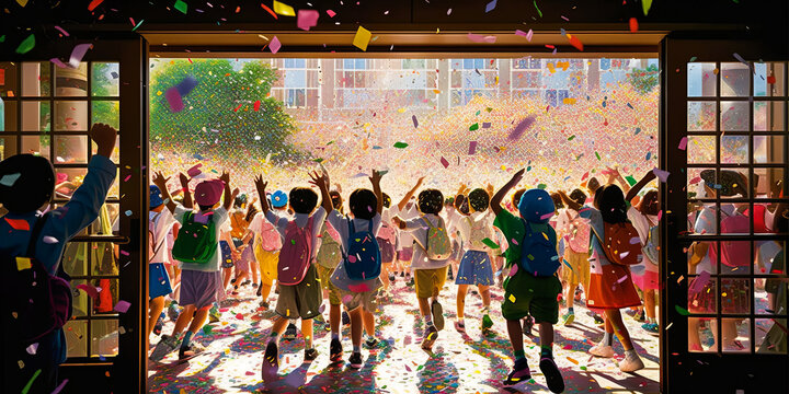 Magical children scene with joyful kids leaving school, backpacks bouncing & colorful confetti raining from sky; capturing excitement of vacation start. Generative AI