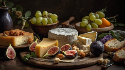 An assortment of aromatic cheeses, served with figs, grapes, and crusty baguette