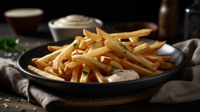 A plate of crispy french fries, perfectly seasoned and accompanied by a creamy dip sauce