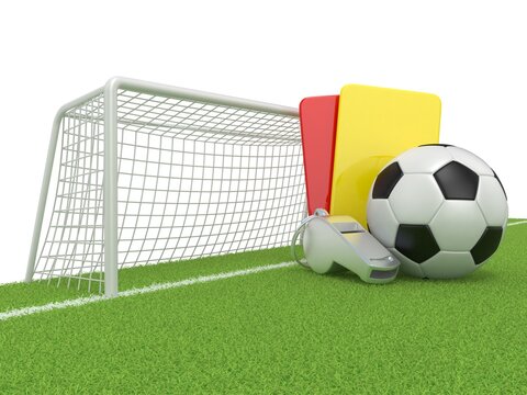 Football concept. Penalty (red and yellow) card, metal whistle and soccer (football) ball and gate, isolated 3D render on white background