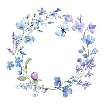Wreath with watercolor flowers, blue floral frame for greeting card, invitation and other printing design. Isolated on white. Hand drawing.	