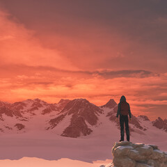 Young man up the mountain admire mountain scenery winter . This is a 3d render illustration