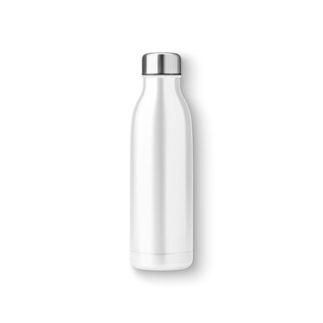 Vector Realistic 3d White Empty Glossy Metal Reusable Water Bottle with Silver Bung Closeup Isolated. Design template of Packaging Mockup. Front, Top View