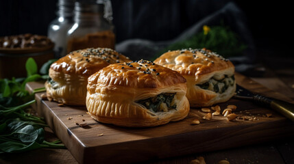 A tray of appetizing puff pastry pies filled with spinach and feta cheese