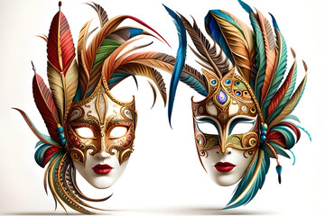 Realistic luxury carnival mask with colorful feathers.