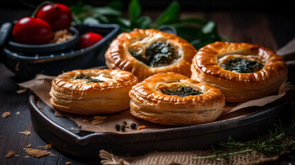 A tray of appetizing puff pastry pies filled with spinach and feta cheese