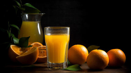 A glass of freshly squeezed orange juice, garnished with fresh orange slices
