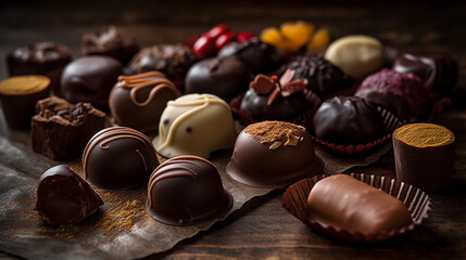 Obraz na płótnie Canvas An assortment of handmade chocolates in various flavors, such as chocolate, caramel, and nut