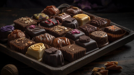 An assortment of handmade chocolates in various flavors, such as chocolate, caramel, and nut