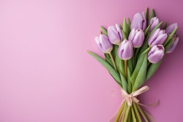 Purple background with tulips. Illustration AI Generative.