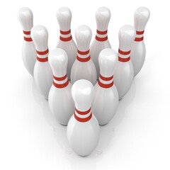 Bowling pins with red stripes, grouped and isolated on white