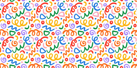 Fototapeta na wymiar Fun colorful line doodle seamless pattern. Creative minimalist style art background for children or trendy design with basic shapes. Simple party confetti texture, childish scribble shape backdrop.
