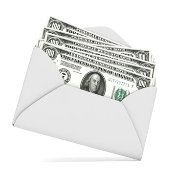 Dollars in envelope. 3D render illustration isolated on white background
