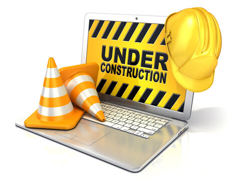 Laptop with safety helmet and traffic cones. 3D rendering - concept of computer under construction. Isolated on white background