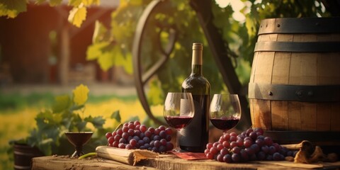 Bottles and wineglasses with grapes and barrel in rural scene background. Traditional winemaking and wine tasting.  - obrazy, fototapety, plakaty