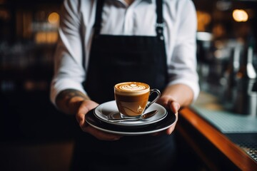 Waiter in black apron stretches a cup of coffee