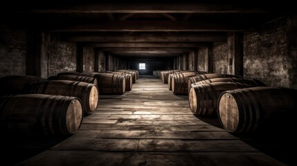 Vintage wine cellar with oak barrels in dim light. Aged wooden barrels lined up in historic brewery.