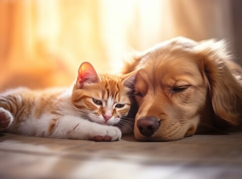 Cute Puppy and Cat. Illustration AI Generative.