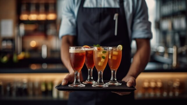Close up shot of a barman in black apron stretches a cocktail at bar. 