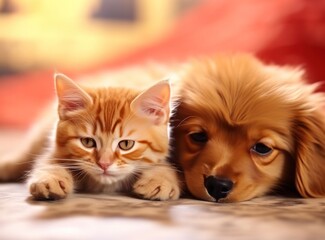 Cute Puppy and Cat. Illustration AI Generative.