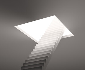 Stairs to up for bright shining door. 3d illustration