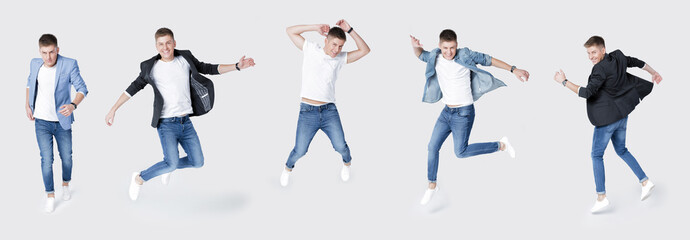 set of young happy handsome man in jeans and jacket jumping