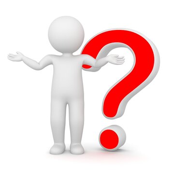 3D Rendering of a man shrugging his shoulders near a question mark on white background