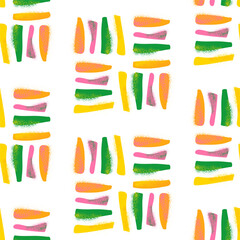 Abstract doodle shapes seamless pattern with hand drawn lines, modern geometry. Organic shapes and spray paint splashes. Green, orange, yellow colors. Vector illustration