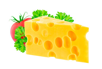 Piece of cheese with tomato and parsley isolated on white background