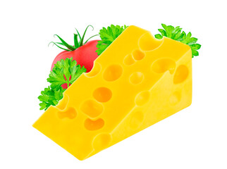 Piece of cheese with tomato and parsley isolated on white background