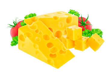 Piece of cheese with tomato and parsley isolated on white background