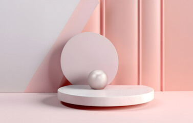 Abstract minimal concept. Pastel colour background with podium, abstract geometric landscape. Mock up template for product presentation. 3D rendering. copy text space