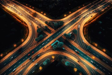 Fototapeta na wymiar Aerial view of a highway at night with cars moving fast