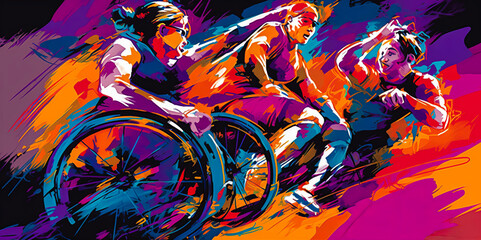 Captivating scene of tenacious disabled athletes playing wheelchair rugby, surrounded by vivid color streaks, showcasing intense competition and determination. Generative AI