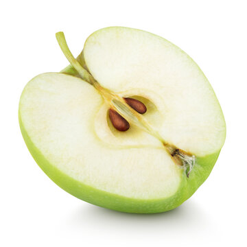 Ripe green apple half fruit isolated on white background. Half of green apple fruit with clipping path