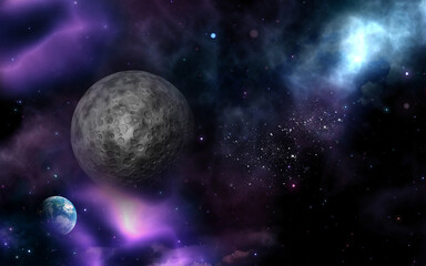 Fototapeta na wymiar 3D render of a space background with fictional moon and planet