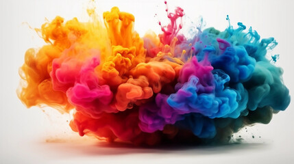 Obraz premium Colorful rainbow cloud explosion on white background. Paint puff of smoke abstract splatter art background