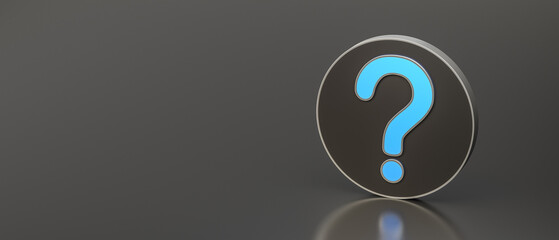 Blue question mark on black background with empty copy space on left side, FAQ Concept. 3D Rendering