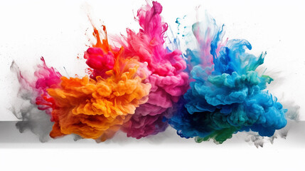 Obraz premium Colorful rainbow cloud explosion on white background. Paint puff of smoke abstract splatter art background