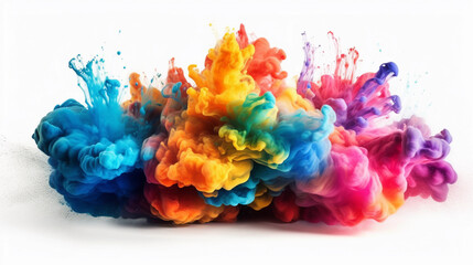 Colorful rainbow cloud explosion on white background. Paint puff of smoke abstract splatter art background