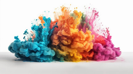Obraz premium Colorful rainbow cloud explosion on white background. Paint puff of smoke abstract splatter art background