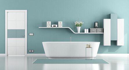 Naklejka na ściany i meble Blue moder bathroom with bathtub,closed door and shelf on wall - 3d rendering