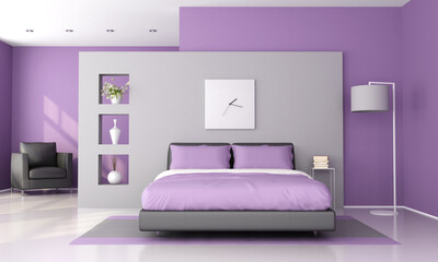 Purple and gray modern bedroom - 3d rendering