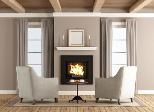 Classic living room with two armchairs in front of the fireplace - 3d rendering