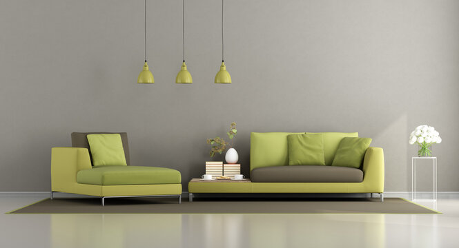 Modern green and brown living room with sofa and chaise lounge - 3d rendering