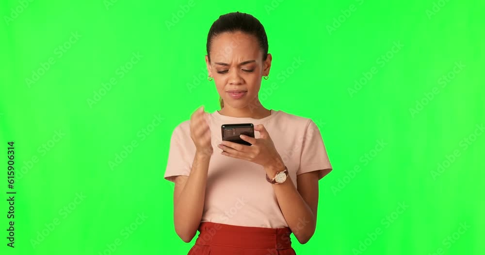Poster Woman on green screen, smartphone and tech glitch, app error and confused isolated on studio background. Female person using phone, chat and typing with system fail, internet 404 and mockup space