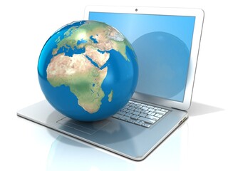 Laptop with illustration of earth globe, Europe and Africa view. 3D rendering isolated on white background. Elements of this image furnished by NASA