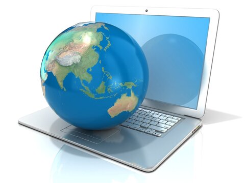 Laptop with illustration of earth globe, Asia and Oceania view. 3D rendering isolated on white background. Elements of this image furnished by NASA